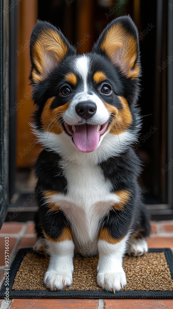 Cheerful Corgi puppy with a black, white, and brown coat sits on a doormat with its tongue out Cheerful Corgi puppy with a black, white, and brown coat sits on a doormat with its tongue out