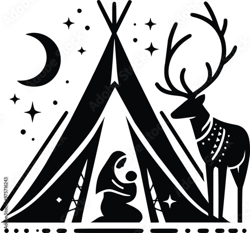Black and White Illustration of Loving Sami Mother With Baby in Lavvu Tent and Reindeer
