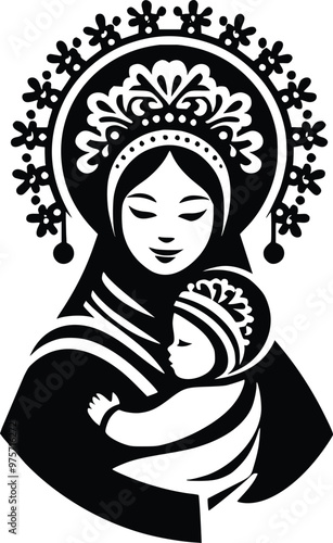 Black and White Illustration of Loving Russian Mother and Baby in Traditional Kokoshnik Headdress