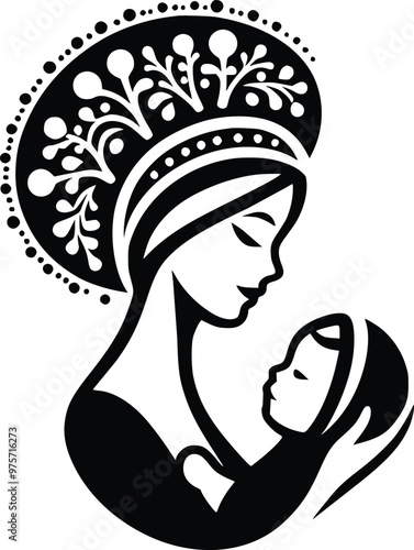 Black and White Illustration of Loving Russian Mother and Baby in Traditional Kokoshnik Headdress