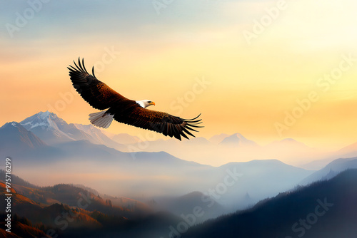 A majestic eagle soars gracefully over a breathtaking mountain landscape at sunset, capturing the essence of freedom and nature. photo