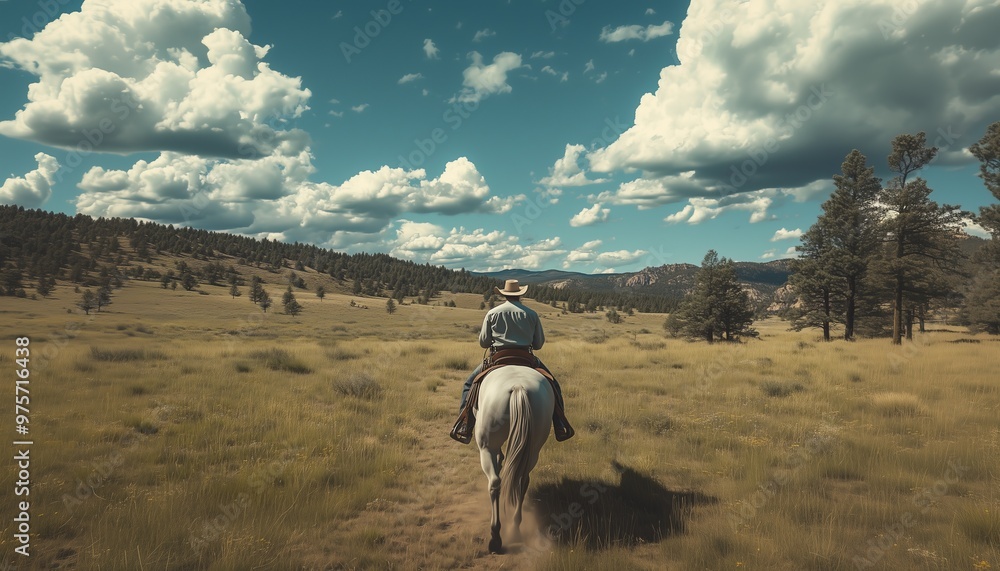 Obraz premium A lone cowboy rides a white horse through a vast, scenic landscape under a sky filled with clouds.