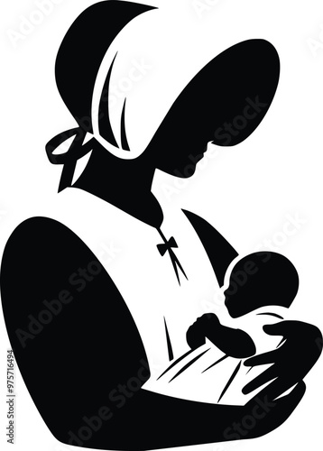 Black and White Illustration of Loving Amish Mother in Bonnet With Baby