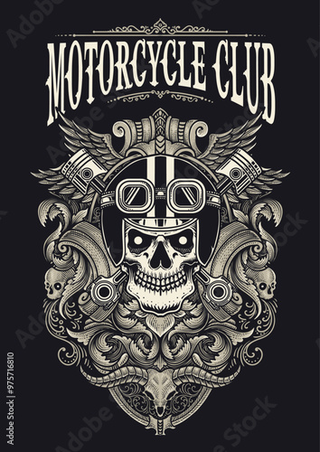 Vintage bikers emblem with skull head. Motorcycle club logo. Vintage emblem. Vector eps 10