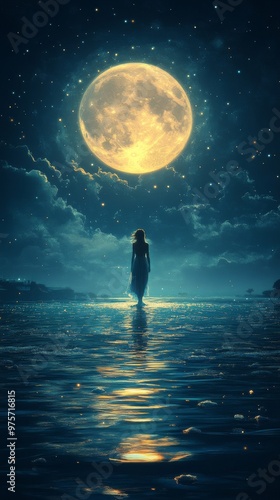 Lone figure stands on a shimmering water surface under a starry sky, illuminated by a large, glowing full moon