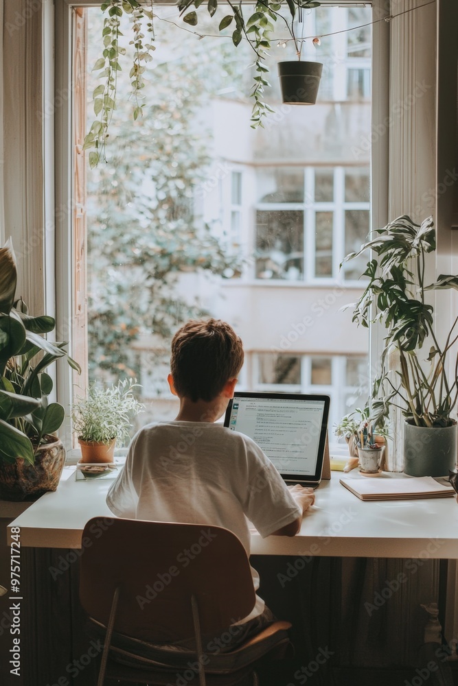 A young person engaged in online learning at a cozy home workspace surrounded by plants A young person engaged in online learning at a cozy home workspace surrounded by plants