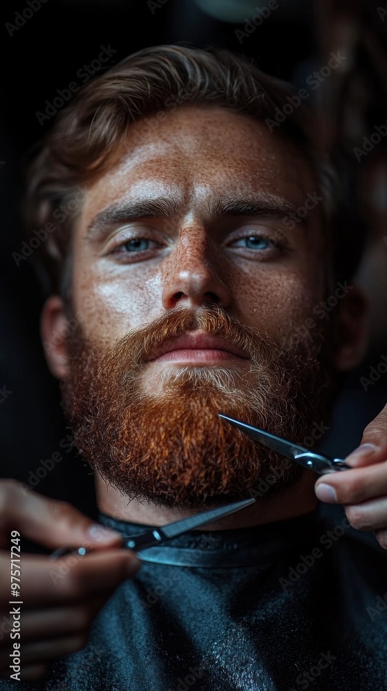 Obraz premium Man with a red beard is receiving a trim with scissors, while wearing a black barber cape in a salon