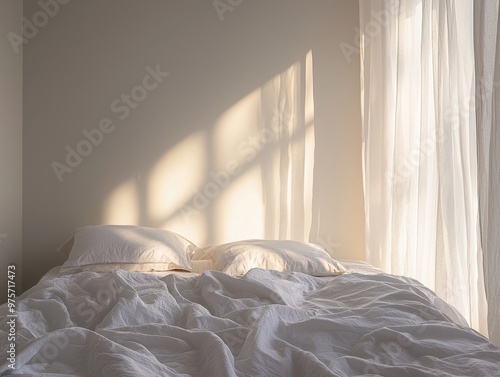 Cozy morning light cascades on rumpled bed linens in a peaceful bedroom setting