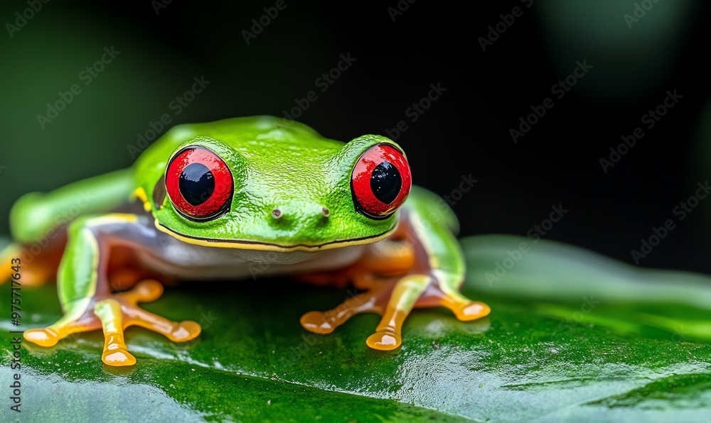 Fototapeta premium Vibrant Red-Eyed Tree Frog on Lush Tropical Leaf, showcasing striking colors and intricate details of its natural habitat.