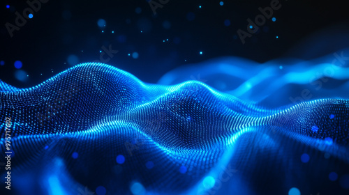 Abstract blue wave of glowing light particles, dark backdrop, digital motion