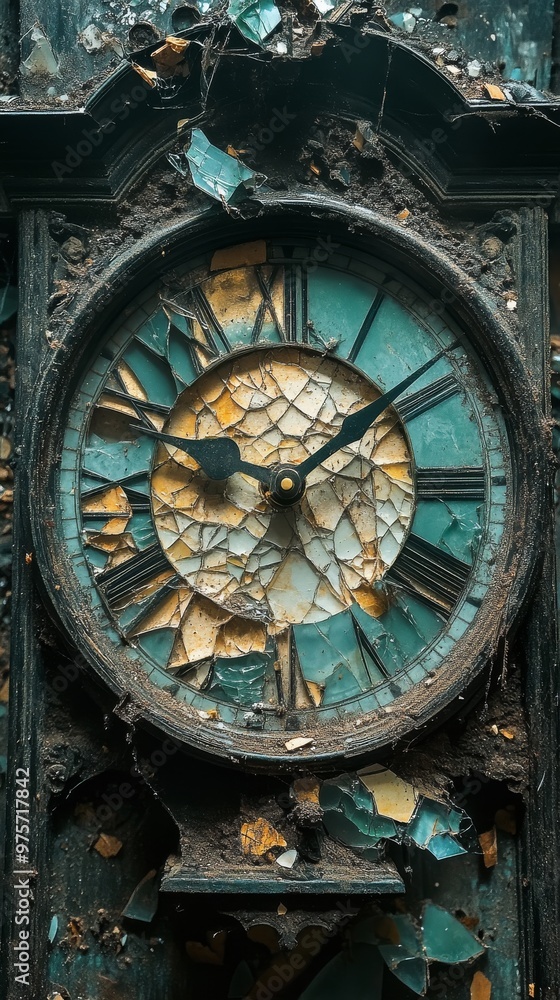 Obraz premium Old, broken clock with shattered glass and Roman numerals, surrounded by debris and decay