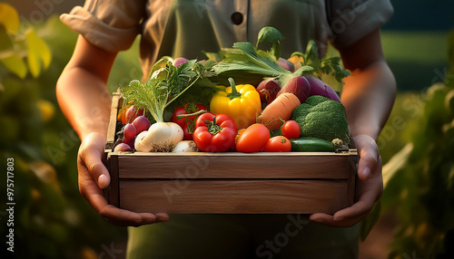  Hands holding a wooden box filled with vegetables, symbolizing harvest and sustainabili_1(592) photo