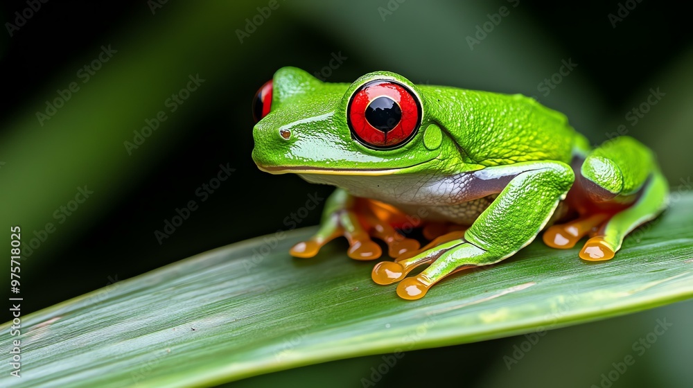 Vibrant Red-Eyed Tree Frog Resting on a Lush Tropical Leaf, Showcasing Striking Colors and Exquisite Detail in a Tropical Setting Vibrant Red-Eyed Tree Frog Resting on a Lush Tropical Leaf, Showcasing Striking Colors and Exquisite Detail in a Tropical Setting