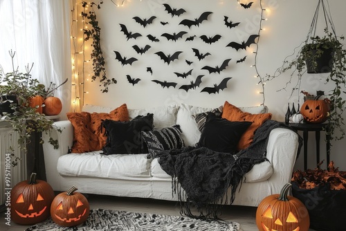 living room decorated for Halloween with black paper bats on wall, pumpkins and lights. stylish atmosphere for  festive celebration. photo