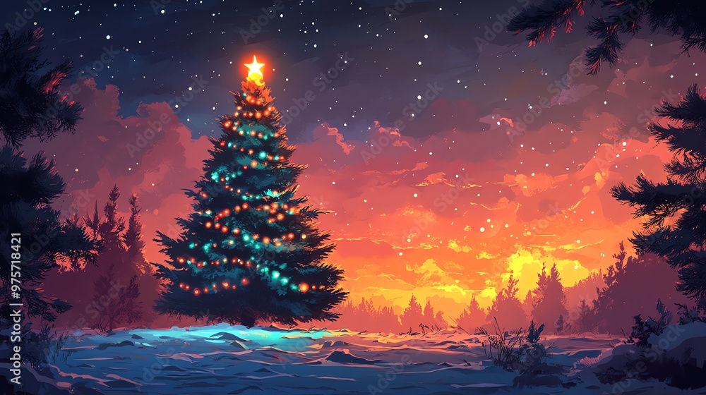Fototapeta premium A single decorated Christmas tree stands tall in a snowy forest, illuminated by the warm glow of a star on top and the vibrant hues of a sunset in the background.