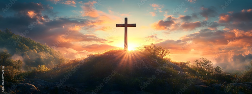 A cross atop the hill with a beautiful sunrise in the background, an Easter-themed background with copy space for text
