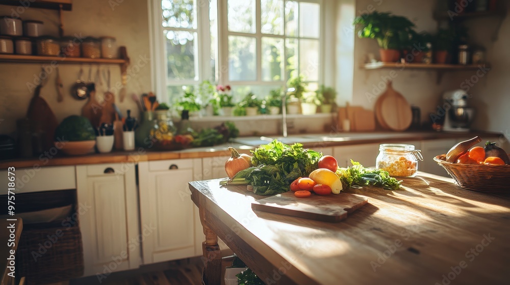 Fresh Vegetables on a Wooden Table in a Rustic Kitchen Fresh Vegetables on a Wooden Table in a Rustic Kitchen