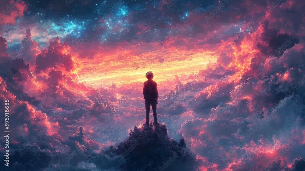 Person stands on a peak, overlooking a surreal landscape with vibrant clouds and a glowing horizon, beneath a starry sky Person stands on a peak, overlooking a surreal landscape with vibrant clouds and a glowing horizon, beneath a starry sky