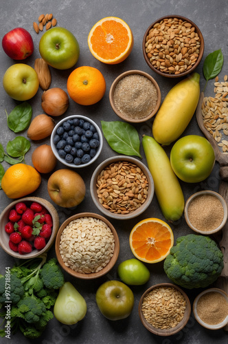 Selection of healthy food, top down view