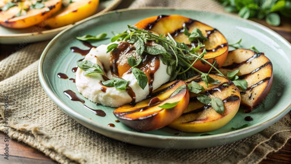 A plate of whipped ricotta with fresh roasted peaches and pitta slices served with a balsamic drizzle and herbs.
A plate of whipped ricotta with fresh roasted peaches and pitta slices served with a balsamic drizzle and herbs.