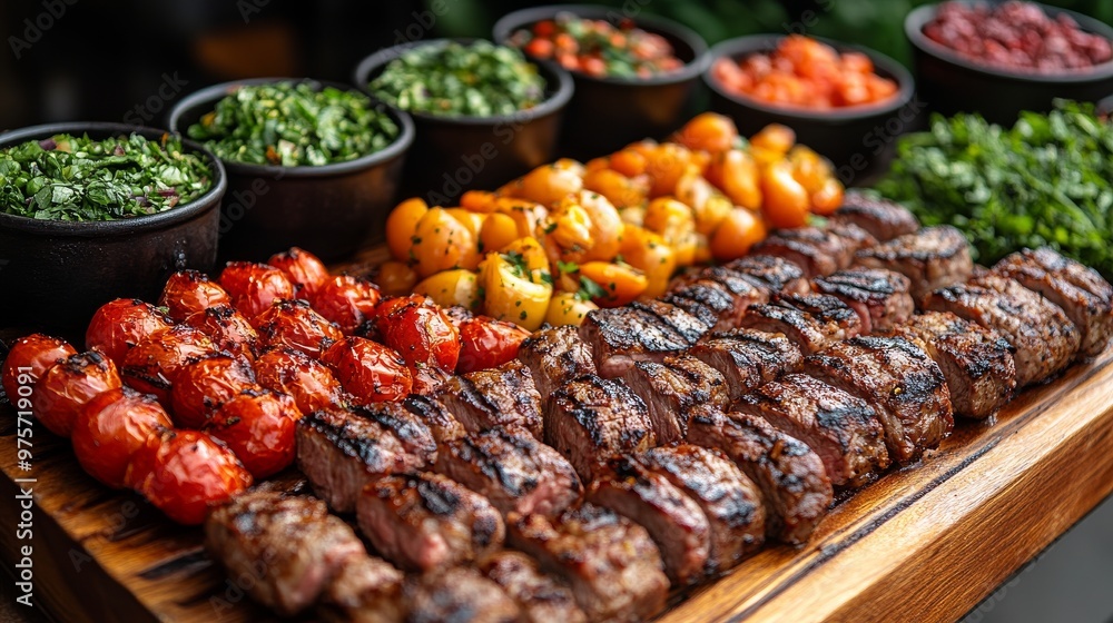 Platter of grilled meat skewers, cherry tomatoes, and bowls of various vegetables and condiments Platter of grilled meat skewers, cherry tomatoes, and bowls of various vegetables and condiments