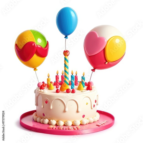 birthday cake with candles and balloons isolated on white background