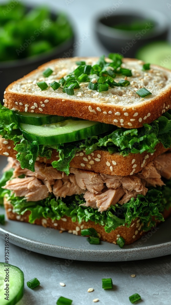 Sandwich made with sesame seed bread, filled with lettuce, tuna, cucumber slices, garnished with chopped green onions on a plate Sandwich made with sesame seed bread, filled with lettuce, tuna, cucumber slices, garnished with chopped green onions on a plate