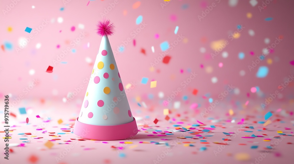 A single pink and white polka dot party hat with a pink pom-pom on a pink background with falling confetti. A single pink and white polka dot party hat with a pink pom-pom on a pink background with falling confetti.