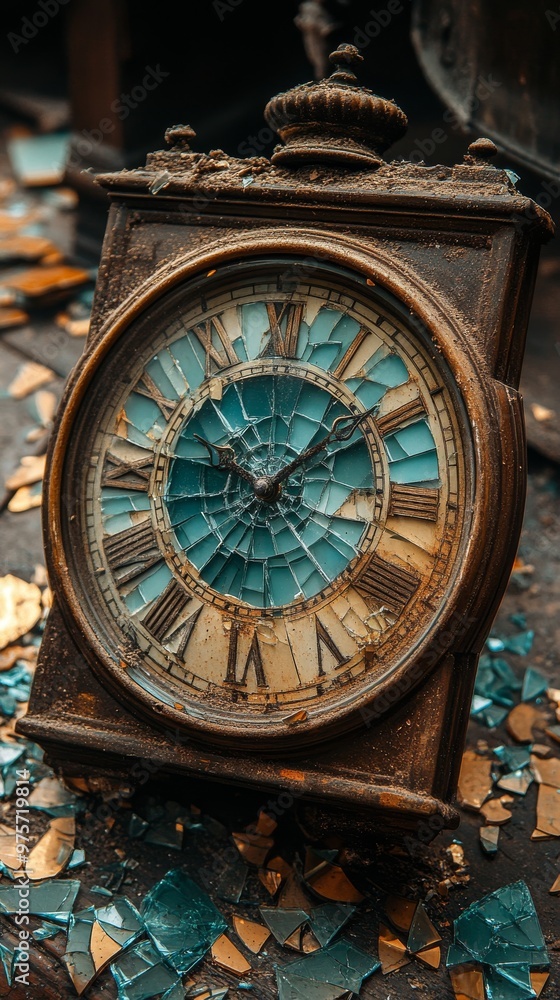 Obraz premium Shattered antique clock with Roman numerals, surrounded by broken glass pieces, lies on a surface, possibly suggesting abandonment or decay