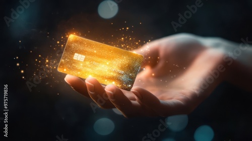 Golden Credit Card Held in Hand with Sparkling Effect