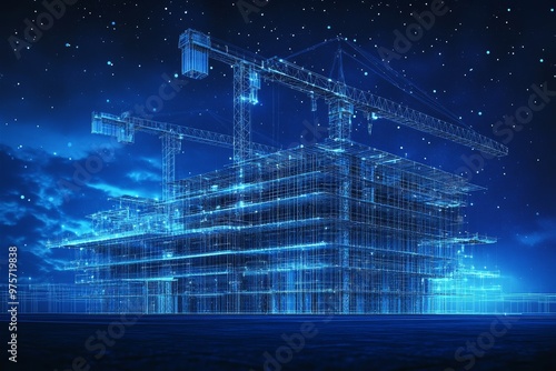 Fototapeta Naklejka Na Ścianę i Meble -  Nighttime photography of a wireframe building under construction with stars in the dark blue sky