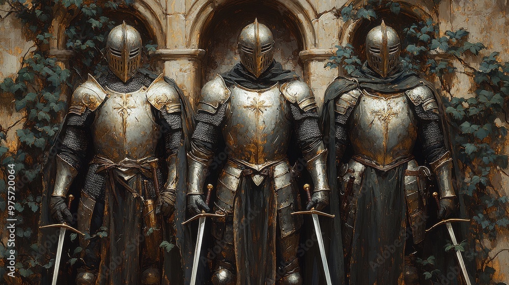 Fototapeta premium Shows three armored knights with swords, standing in front of an ivy-covered wall, exuding strength and vigilance