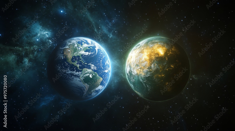 Shows two Earth-like planets floating in space, surrounded by stars and cosmic dust, with vibrant, glowing atmospheres Shows two Earth-like planets floating in space, surrounded by stars and cosmic dust, with vibrant, glowing atmospheres