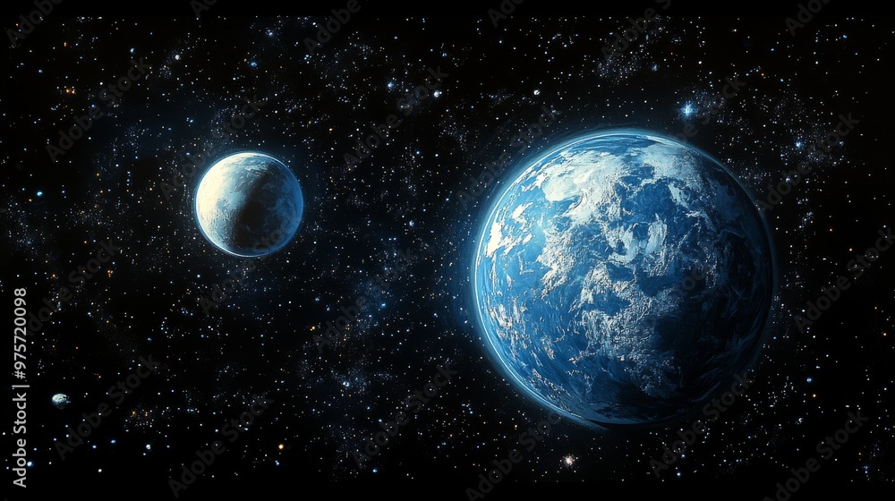 Naklejka premium Shows two planets surrounded by numerous stars and glowing celestial objects in the vast, dark expanse of outer space