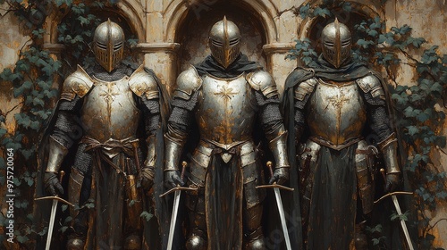 Shows three armored knights with swords, standing in front of an ivy-covered wall, exuding strength and vigilance