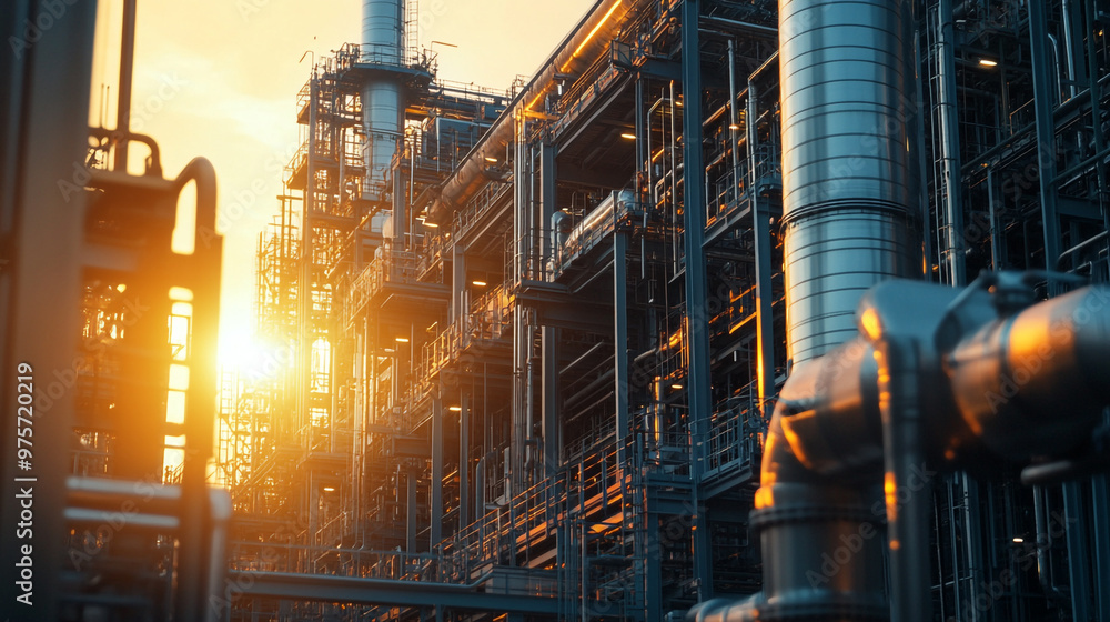 Sunset illuminates an industrial facility with towering structures and intricate piping system Sunset illuminates an industrial facility with towering structures and intricate piping system