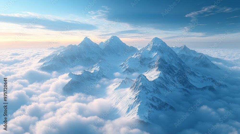 Snow-capped mountains rise majestically above a sea of clouds during sunrise, with vibrant blue skies and scattered, wispy clouds overhead