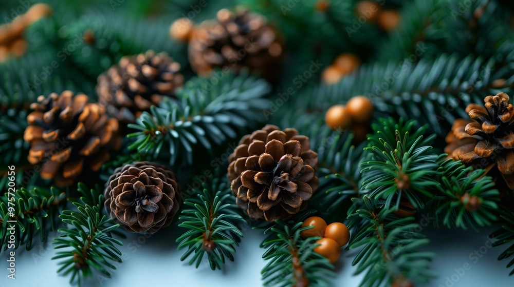 Christmas tree branches with cones, Christmas background Christmas tree branches with cones, Christmas background