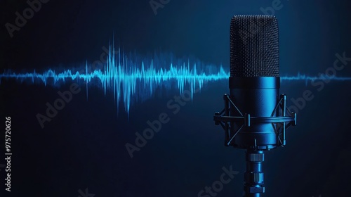 Professional microphone with blue audio wave.