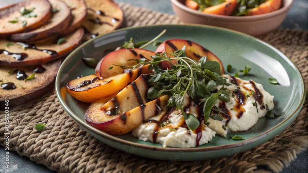 A plate of whipped ricotta with fresh roasted peaches and pitta slices served with a balsamic drizzle and herbs.
A plate of whipped ricotta with fresh roasted peaches and pitta slices served with a balsamic drizzle and herbs.