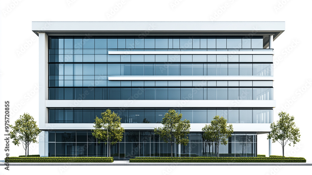 Modern office building with glass facade and landscaped entrance in a business district Modern office building with glass facade and landscaped entrance in a business district