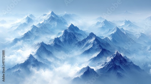 Wallpaper Mural Stunning expanse of jagged, snow-capped mountain peaks reaches into the sky, enveloped in a serene, misty, blue haze Torontodigital.ca