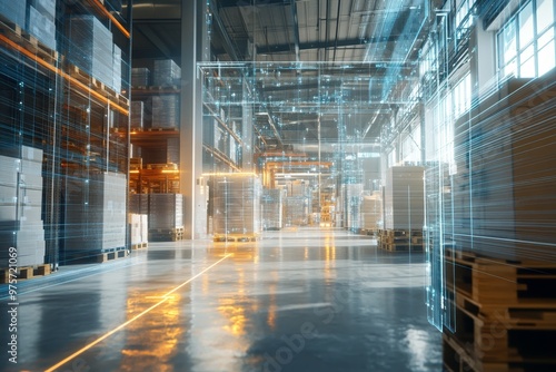 Dynamic digital rendering of an industrial warehouse with glowing holographic data flow visuals