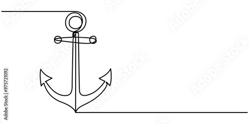 Continuous line drawing of sea anchor, Large sea anchor of the ship. Set of sea ocean elements. Continuous one line drawing of anchor banner. Linear style, Continuous one line drawing of anchor banner