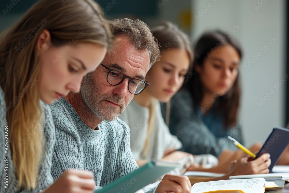 Fototapeta premium Group of students studying together with their professor