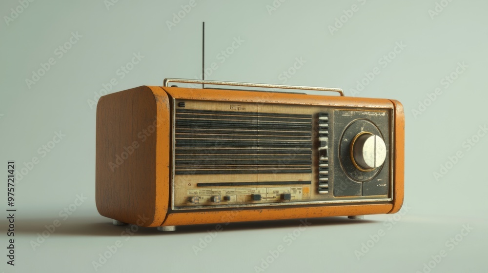 Fototapeta premium Vintage wooden radio with an antenna on a white background.