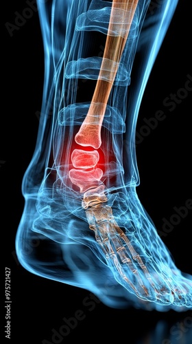 This image shows a detailed X-ray view of a human foot highlighting a joint area in red, indicating inflammation or injury photo