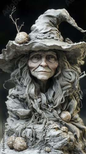 This is a detailed sculpture of an elderly woman wearing a textured hat and garments, adorned with various organic elements