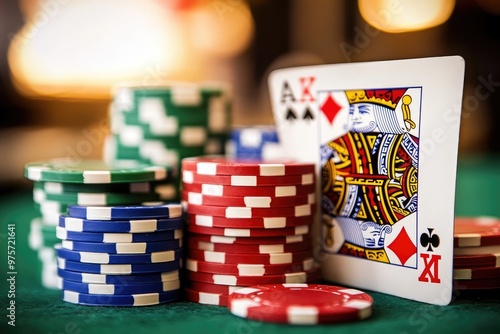 Poker game with king of diamonds card leaning on stack of chips on green felt table photo