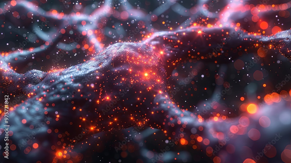 Art poster. Nanotechnology in virtual reality. Artificial intelligence neural network. Synthetic matter and digital mind. 3d illustration of fantastic wallpaper Art poster. Nanotechnology in virtual reality. Artificial intelligence neural network. Synthetic matter and digital mind. 3d illustration of fantastic wallpaper